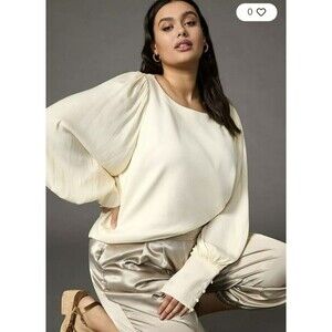 Anthropologie Ivory Jersey Knit Top Blouse Balloon Volume Sleeves Sz XL N61